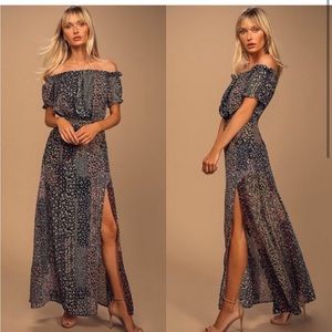 Lulus Neva Navy Blue Floral Print Off-the-Shoulder Maxi Dress- Sz Small